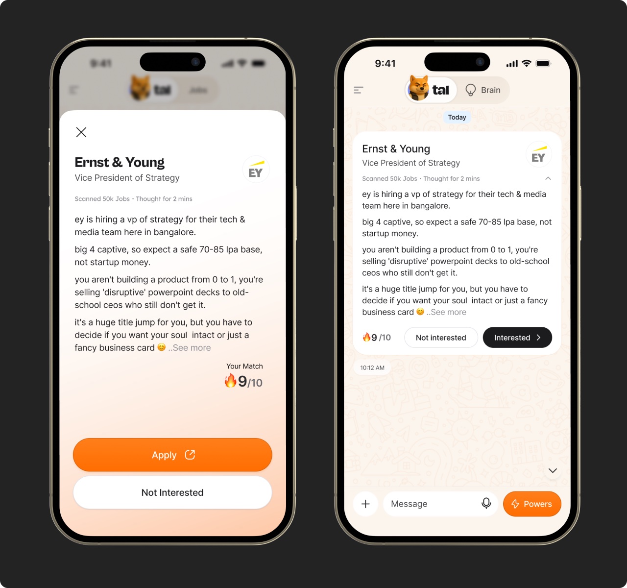 Job cards with Tal's take on why it fits.